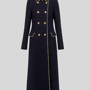 Womens Black Wool Military Trench Coat – Long Double Breasted Pirate Coat - Gift For Her