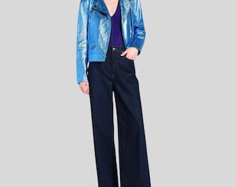 Womens Blue Metallic Moto Jacket – Cropped Biker Style