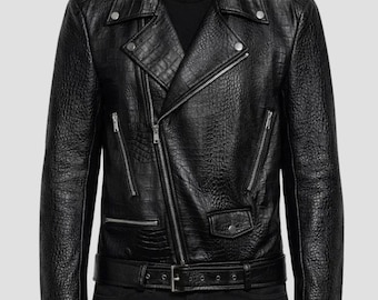 May include: Black leather jacket with a textured, crocodile-like pattern. The jacket features a classic asymmetrical zipper, multiple pockets, and a belt at the waist. The jacket has silver hardware and a notched collar.