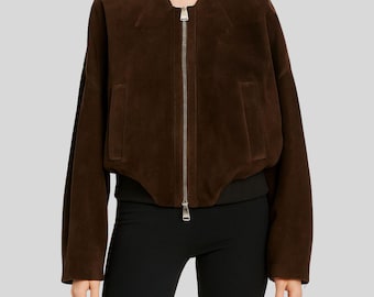 Women's Dark Brown Sheepskin Suede Bomber Jacket - Oversized Minimalist Fit