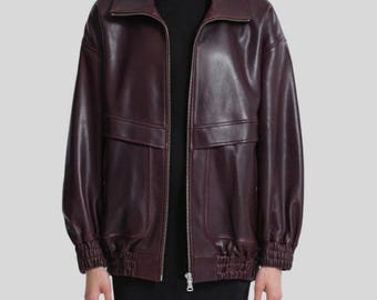 Burgundy Leather Bomber Jacket - Women's Oversized Fit Winter Coat