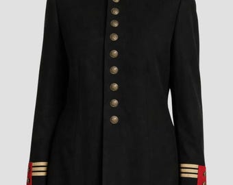 Women’s Black Wool Military Coat – Red Collar Tailored Jacket – Gold Button Statement Blazer