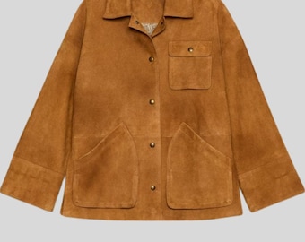 Women Tan Suede Oversized Jacket - Brown Suede Shirt Jacket with Pockets | Handmade Suede Overshirt - Women Minimalist Jacket