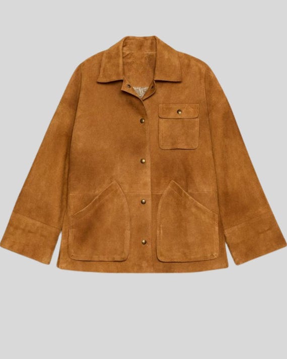 Women Tan Suede Oversized Jacket - Brown Suede Shirt Jacket with Pockets | Handmade Suede Overshirt - Women Minimalist Jacket