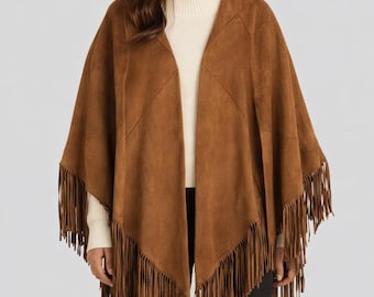 Women Brown Suede Fringe Poncho Jacket, Boho Western Cape Coat, Handmade Suede Shawl Wrap, Festival Cowgirl Style Outerwear
