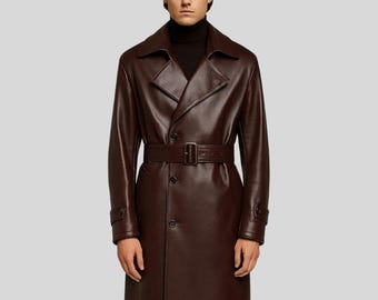 Mens Brown Lambskin Leather Trench Coat – Belted Winter Overcoat