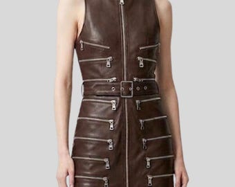 Women Brown Leather Bodycon Dress – Biker Mini Belted Dress - Summer Streetwear Outfit - Gift For Her