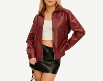 Women Burgundy Leather Jacket – Modern Casual Leather Bomber Jacket - Women Fashion Cropped Jacket - Short Stylish Jacket - Gift For Her