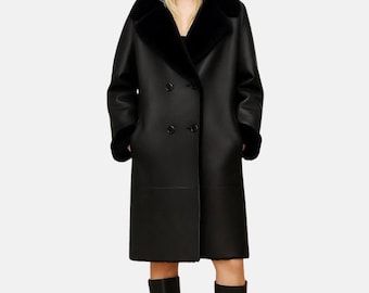 Womens Black Faux Shearling Leather Coat –  Double Breasted Winter Trench Coat