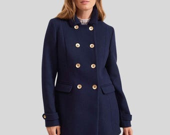 ネイビーブルーの冬用ロングウールコート レディース、フィット