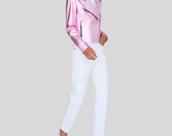 Damen Pink Metallic Lederjacke - Kurze Biker Moto Jacke