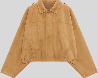 Camel Wildleder Kurzjacke für Damen - Minimalistischer übergroßer Wildledermantel