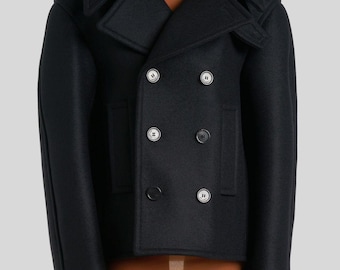 Oversized Double Breasted Black Wool Peacoat - Short Winter Coat