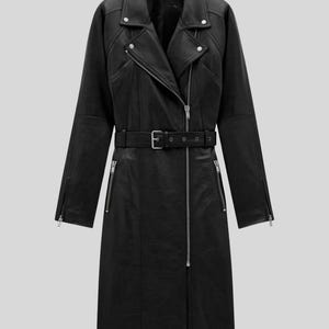 May include: A long black leather coat with a notched collar, asymmetrical zipper closure, and a belt at the waist. The coat features zippered sleeves and a classic biker jacket design.
