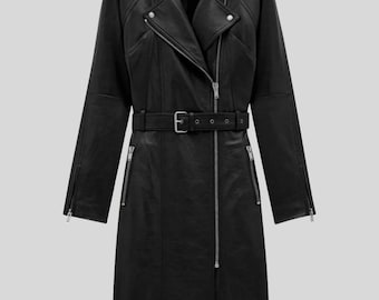May include: A long black leather coat with a notched collar, asymmetrical zipper closure, and a belt at the waist. The coat features zippered sleeves and a classic biker jacket design.