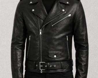 May include: A black leather motorcycle jacket featuring a notched lapel with silver-tone metal snaps, an asymmetrical front zipper closure, three zippered pockets, one small flap pocket with a snap button, and an adjustable waist belt with a buckle.