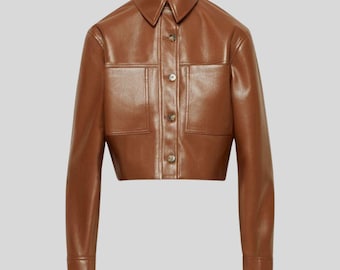Women Brown Cropped Leather Jacket – Short Button Front Leather Jacket for Women – Vintage Style Leather Crop Coat