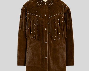 Donkerbruin suède jack met franje dames - Bohomian jack met studs - Cowgirlfestivalbovenkleding