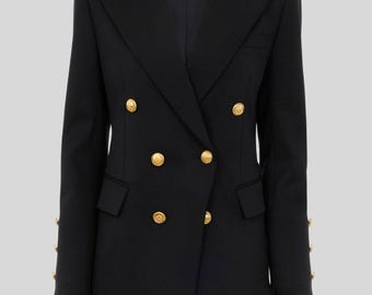 Blazer cruzado de mezcla de lana - Abrigo militar entallado para mujer