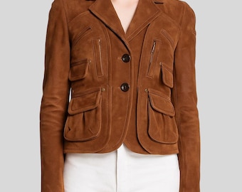 Handmade Brown Suede Blazer – Women's Tailored Utility Jacket