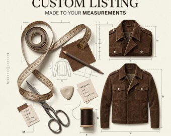 May include: A custom listing graphic featuring a brown suede jacket, a measuring tape, scissors, a pencil, a spool of thread, and fabric swatches. Text includes CUSTOM LISTING, MADE TO YOUR MEASUREMENTS, MEASURE CUT STITCH YOUR STYLE, and Your idea. Your measurements. Your design.
