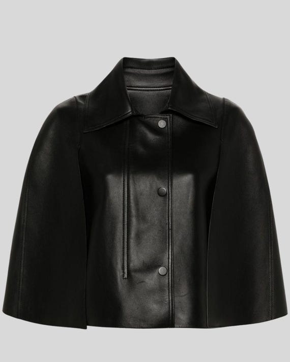 Black Leather Cape Jacket for Women – Cropped Minimal Leather Cape Coat – Elegant Modern Fall Winter Outerwear
