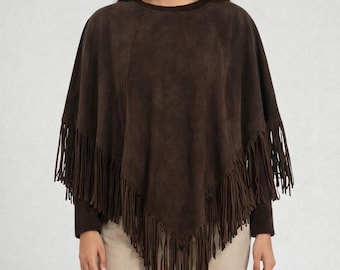Women Dark Brown Suede Fringe Cape - Boho Western Cape - Bohemian Outerwear