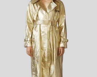 Metallic Gold Sheepskin Leather Trench Coat - Belted Winter Coat