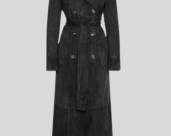 Zwarte geitensuède-trenchcoat dames - dubbele rij knopen, lange jas met riem - winterbovenkleding
