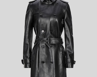 Women Black Leather Trench Coat with Belt – Double Breasted Long Leather Coat - Women Mid Length Leather Coat