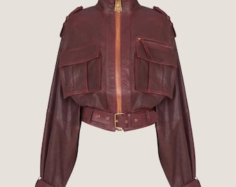 Burgundy Sheepskin Leather Cropped Jacket - Utility Moto Coat
