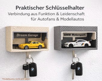 Minigaraje con llavero 1:64 | Garaje de pared con puerta móvil | Personalizable | Regalo para amantes de los coches y las maquetas