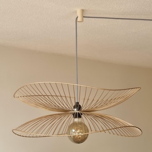 May include: A gold-colored, wireframe pendant light fixture with a layered, petal-like design. The light has a visible bulb and is suspended from the ceiling by a cord. The fixture is a modern home decor item.