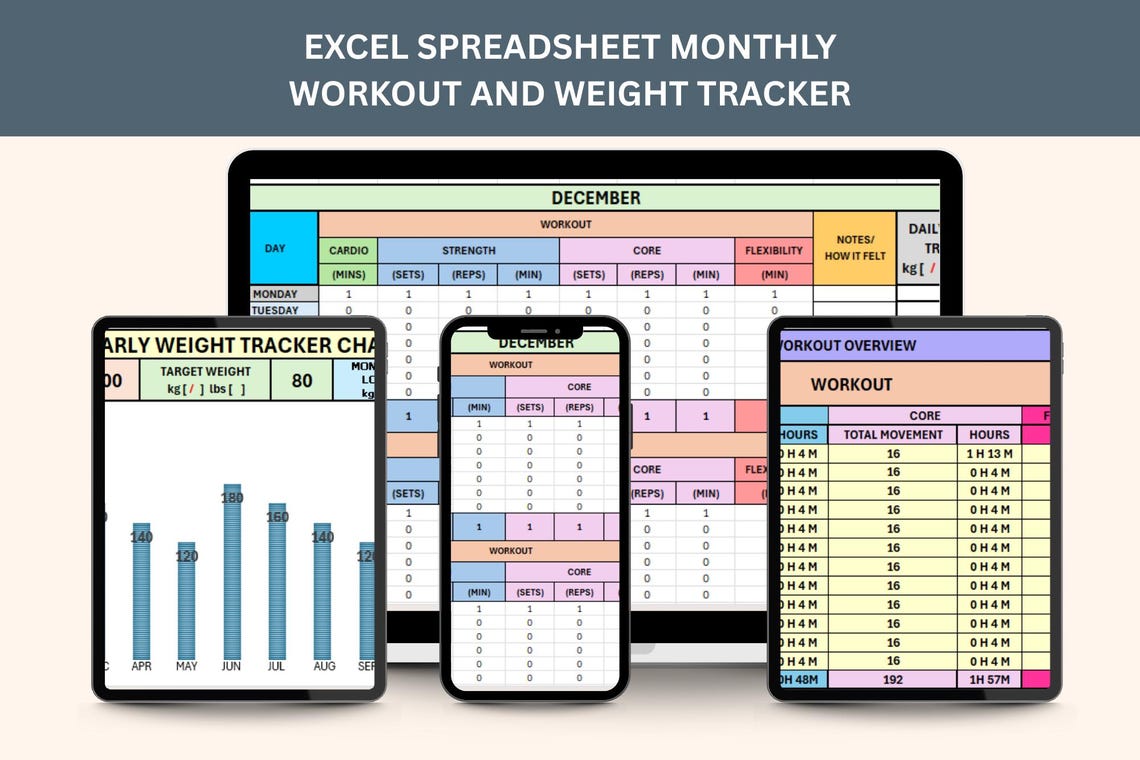 Workout Racker Excel Monthly Workout Log & Weight Tracker Excel | 12 Month Fitness Planner ...