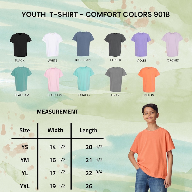 May include: A youth t-shirt in melon color is modeled in the image. The image also displays a color chart of other t-shirt colors, including black, white, blue jean, pepper, violet, orchid, seafoam, blossom, chalky, and gray. Measurement details are also provided.