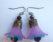 Handmade purple tiger lily lucite flower earrings, shabby chic earrings, Vintage style, bronze tone, crystal beads, a gift for her, 749