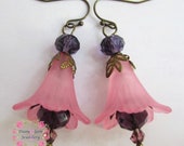 Handmade pink tiger lily lucite flower earrings, shabby chic earrings, Vintage style, bronze tone, crystal beads, a gift for her, 748