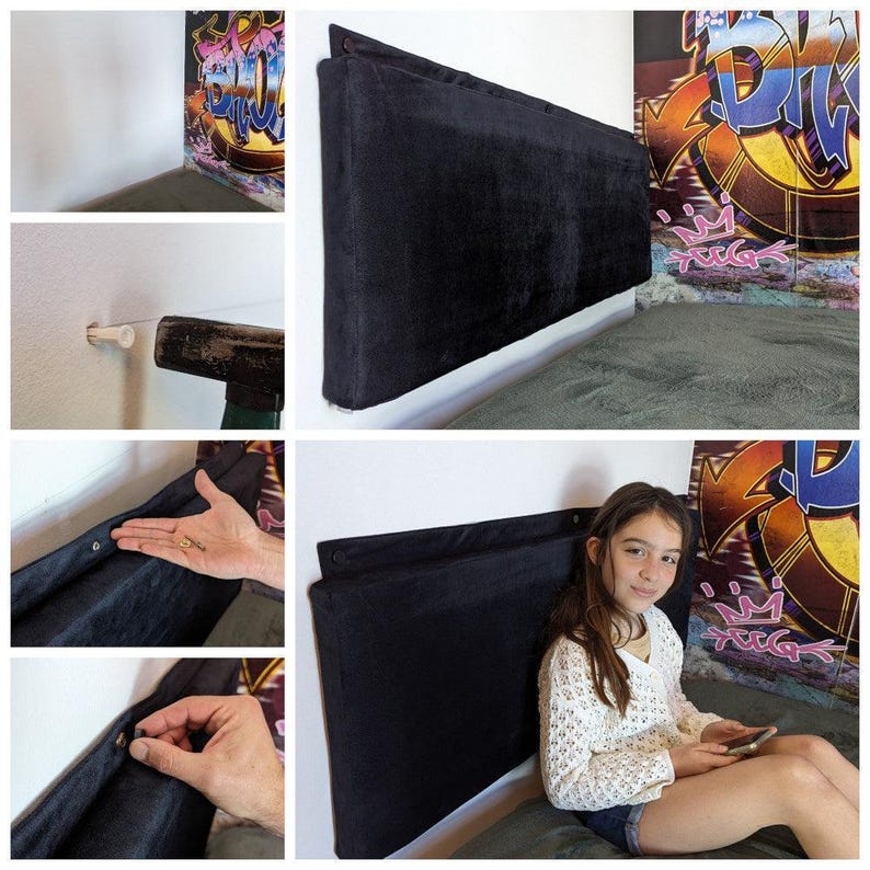 May include: A black, rectangular headboard is mounted on a white wall. The headboard is made of a soft, dark fabric. The image also shows the installation process, including a hammer and wall anchors. A young person is sitting on a bed with a phone.