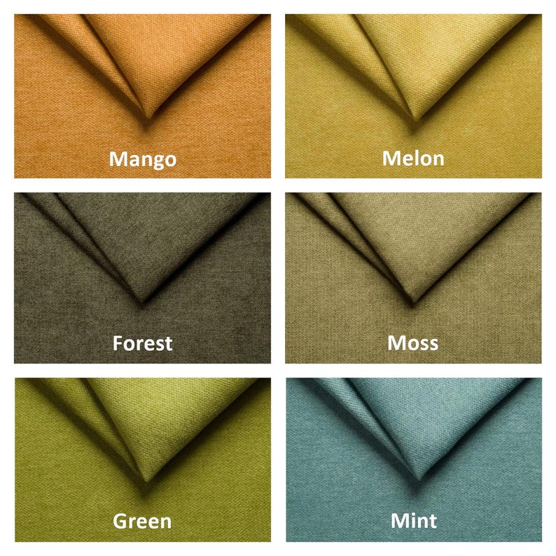 May include: A collection of fabric swatches in various colors, including Mango, Melon, Forest, Moss, Green, and Mint. Each swatch is folded to display the texture and color, with the color names printed below each sample.