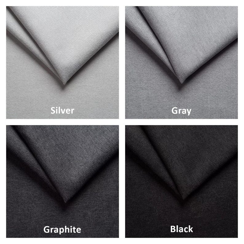 May include: A collection of four fabric swatches in shades of gray and black. The swatches are labeled "Silver", "Gray", "Graphite", and "Black". Each swatch is folded to show the texture and color variations.