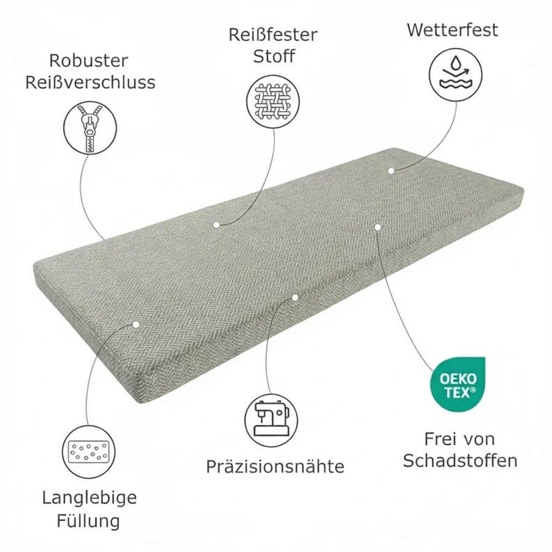 May include: A rectangular, light gray bench cushion with a textured herringbone pattern. Features include a robust zipper, durable fabric, and precision stitching. The cushion is weather-resistant and filled with long-lasting material. The image also includes the text "OEKO-TEX".