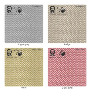 May include: Four square samples of textured fabric in light grey, beige, gold, and dark pink. Each square has a chevron pattern and the text "PREMIUM EASY CLEAN". The samples are arranged in a grid.