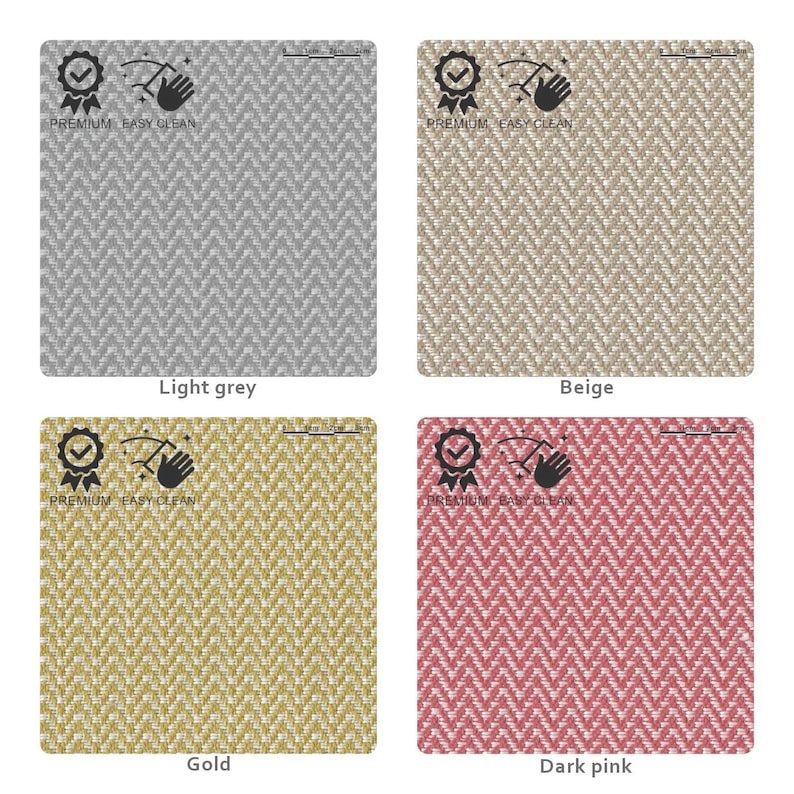 May include: Four square samples of textured fabric in light grey, beige, gold, and dark pink. Each square has a chevron pattern and the text "PREMIUM EASY CLEAN". The samples are arranged in a grid.
