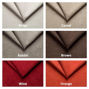 May include: A fabric swatch display featuring six different colors: Beige, Camel, Rabbit, Brown, Wine, and Orange. Each swatch is folded to show the texture and color variations. The names of the colors are labeled below each swatch.