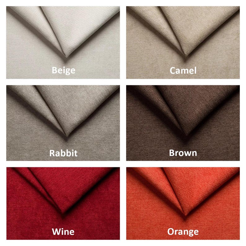 May include: A fabric swatch display featuring six different colors: Beige, Camel, Rabbit, Brown, Wine, and Orange. Each swatch is folded to show the texture and color variations. The names of the colors are labeled below each swatch.