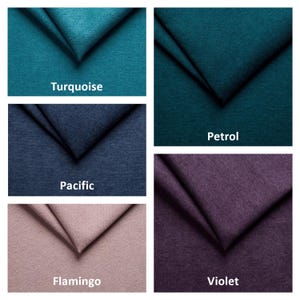 May include: A collection of fabric swatches in various colors, including turquoise, petrol, pacific, flamingo, and violet. Each swatch is folded to display the texture and color variations, with the color names printed below each sample.