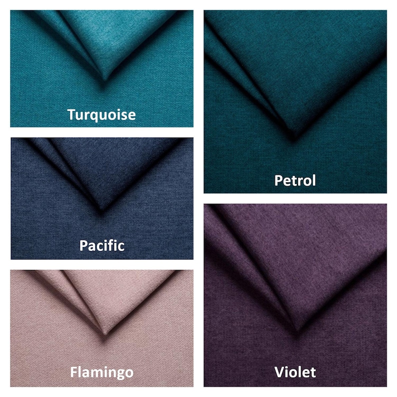 May include: A collection of fabric swatches in various colors, including turquoise, petrol, pacific, flamingo, and violet. Each swatch is folded to display the texture and color variations, with the color names printed below each sample.