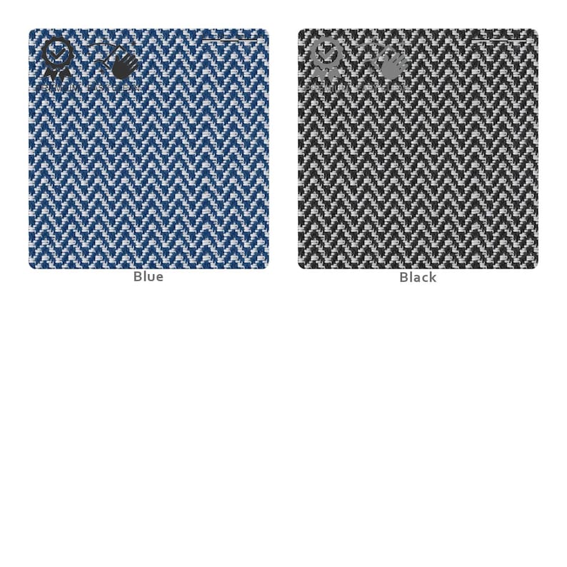 May include: Two fabric swatches, one blue and one black, each with a chevron pattern. The blue swatch has a white chevron pattern, and the black swatch has a gray chevron pattern. The word "Blue" is written below the blue swatch, and the word "Black" is written below the black swatch.
