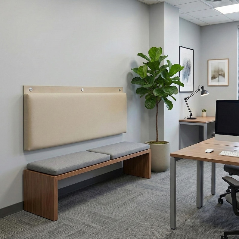 Upholstered wall-mounted backrest in a neutral beige fabric, featuring distinct silver mounting hardware, positioned above a bench to provide comfortable back support.