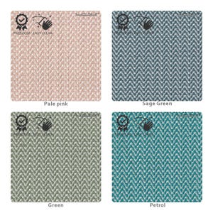 May include: Four fabric swatches in pale pink, sage green, green, and petrol blue. Each swatch has a textured, chevron pattern. The words "Premium Easy Clean" are printed on each swatch.